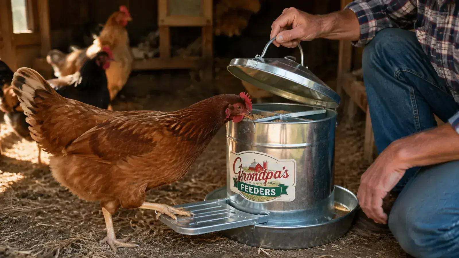 A hen stepping on the treadle platform of a galvanized feeder while its lid lifts open