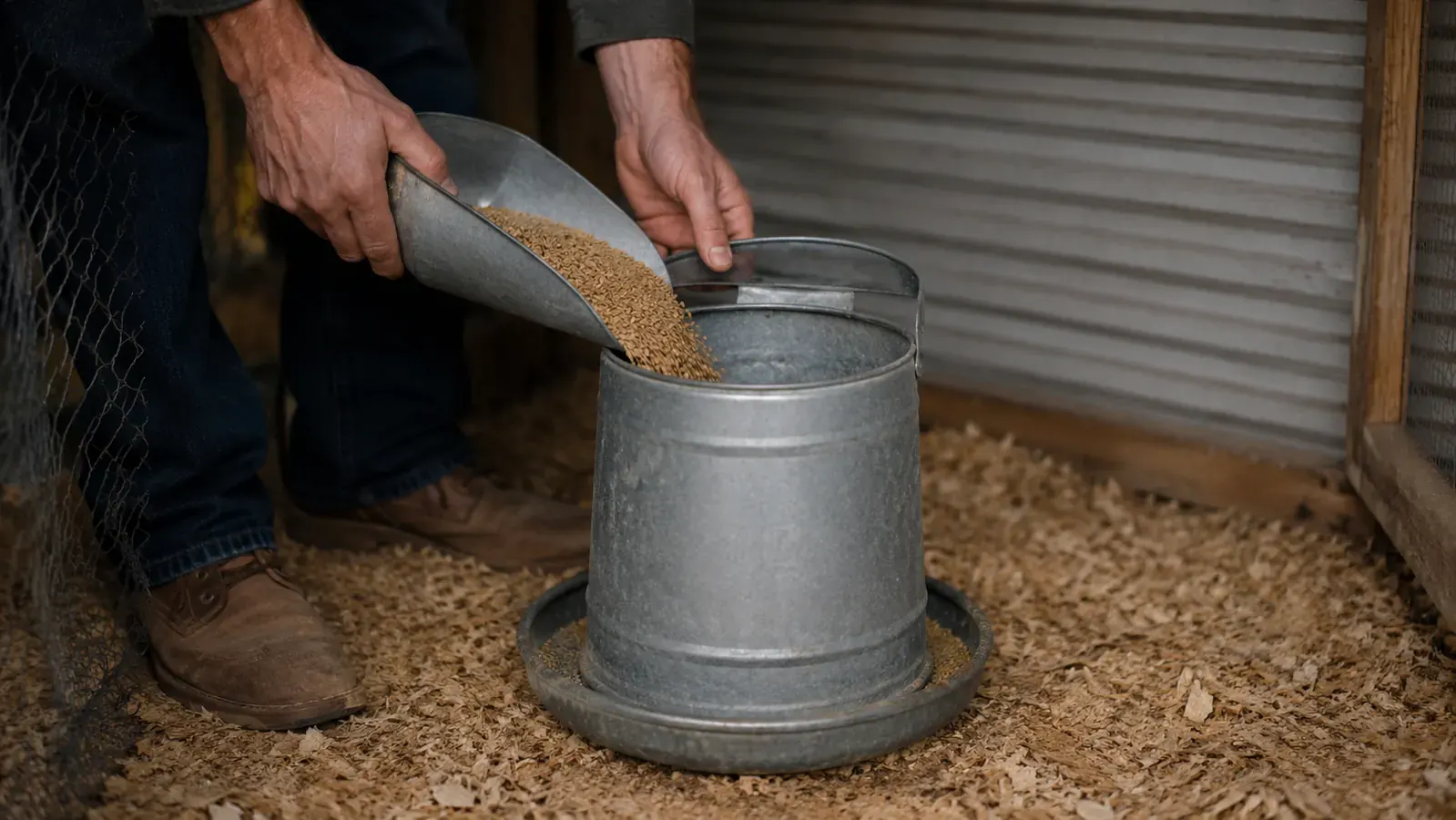 A hand topping off a full galvanized treadle feeder inside a coop on a rainy day