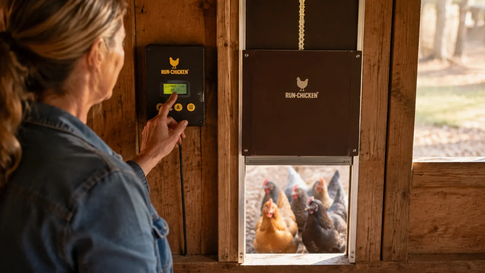 A hand pressing the buttons on the RUN-CHICKEN automatic coop door controller mounted inside the coop wall