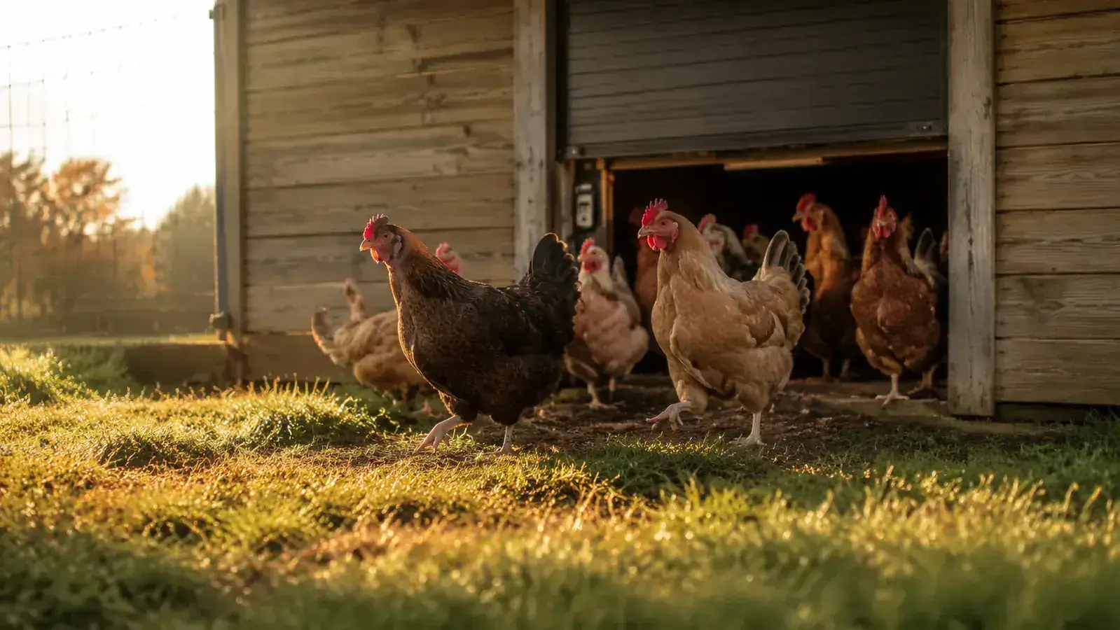A morning scene of hens filing out of the coop as the automatic door rises, light spilling onto a dewy run