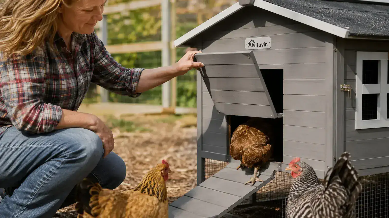 A woman's hand opening the ramp door of a grey wooden chicken coop while hens file up into it