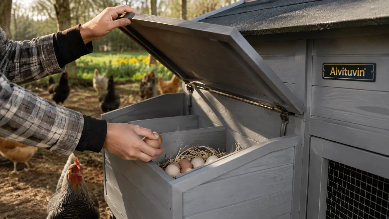 Hands lifting the hinged side roof of a grey wooden Aivituvin chicken coop to reach inside and gather eggs from a nesting box, fresh bedding visible