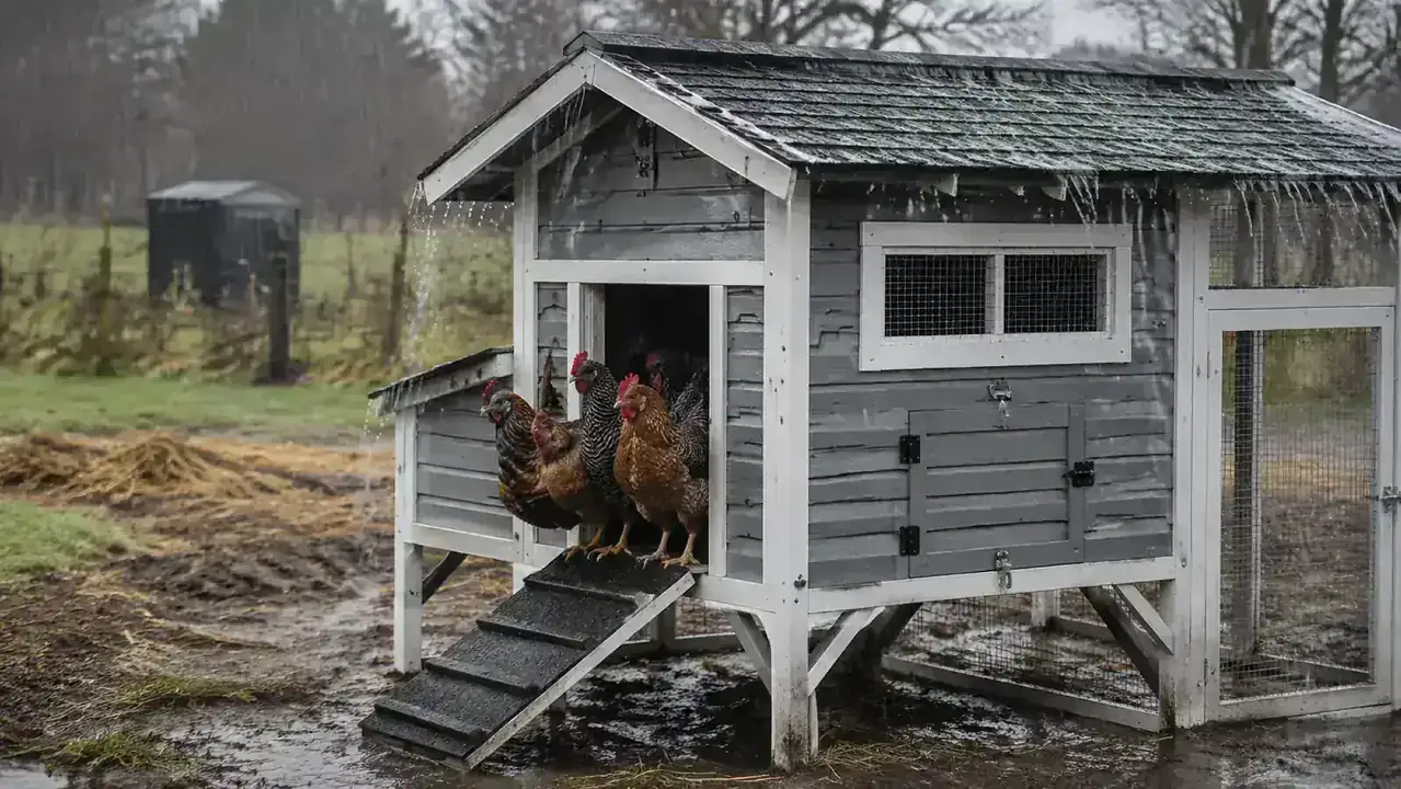 The same grey Aivituvin chicken coop in heavy rain, water beading and running off the pitched roof, the flock sheltered on the ramp, gray overcast sky