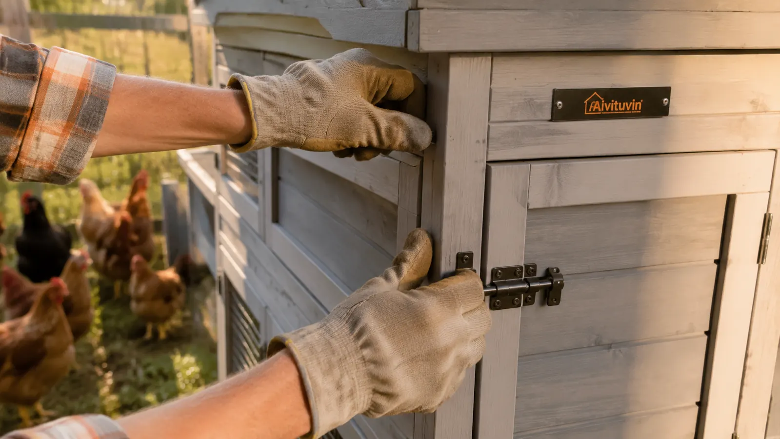 Hands in work gloves latched the solid wooden door of the grey coop, checking the corner seam where the frame meets the panel