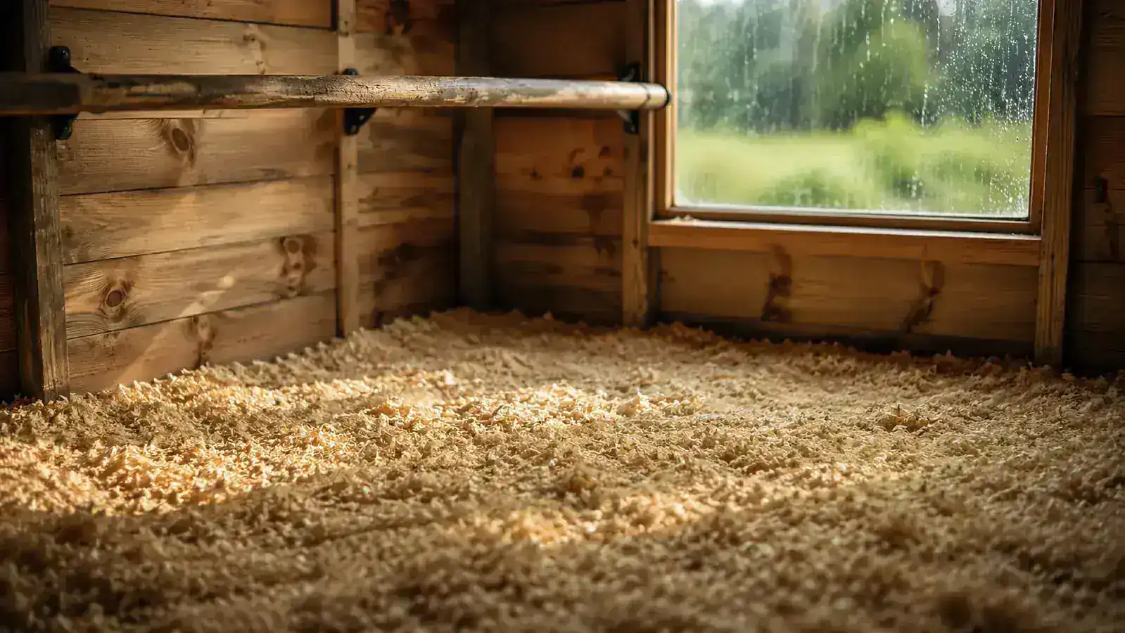 Dry golden pine shavings spread thick and even across the floor of the grey wooden coop, no puddles, roost bar visible above