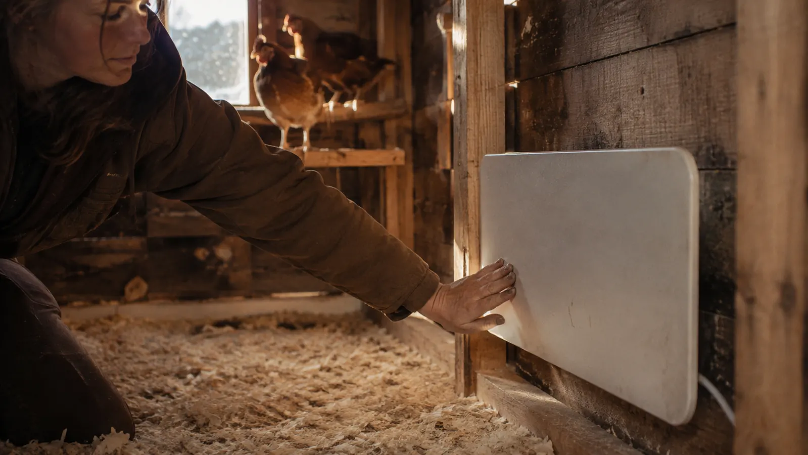 A hand in a worn coat reaching into a coop to check a flat panel heater, deep dry shavings underfoot, hens watching