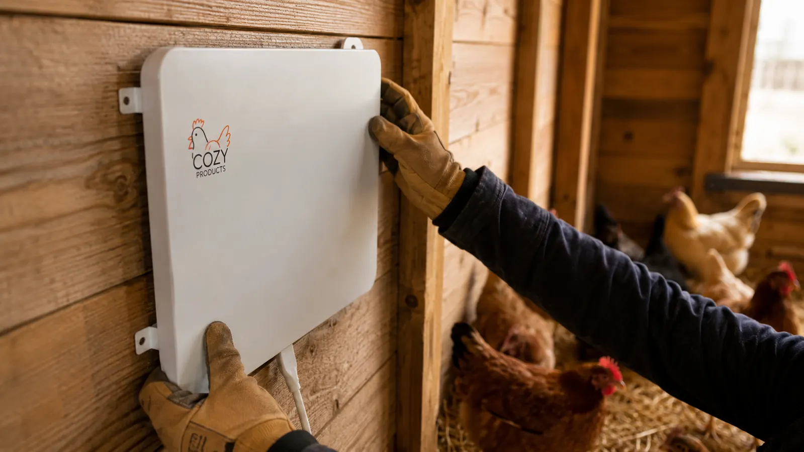 A hand in a glove holding the flat panel heater against a coop wall while checking the mounting brackets line up with the screw holes