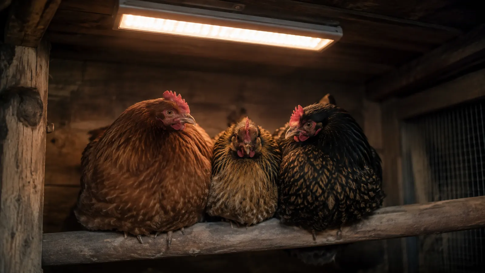 A close-up of the roosting bar at night with three hens tucked close together under the warm glow of the panel heater above them