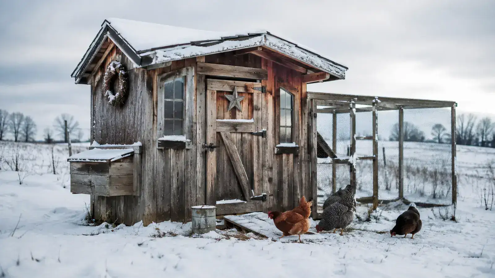 Snow-covered chicken coop in a Missouri pasture with hens scratching near the door in cold light