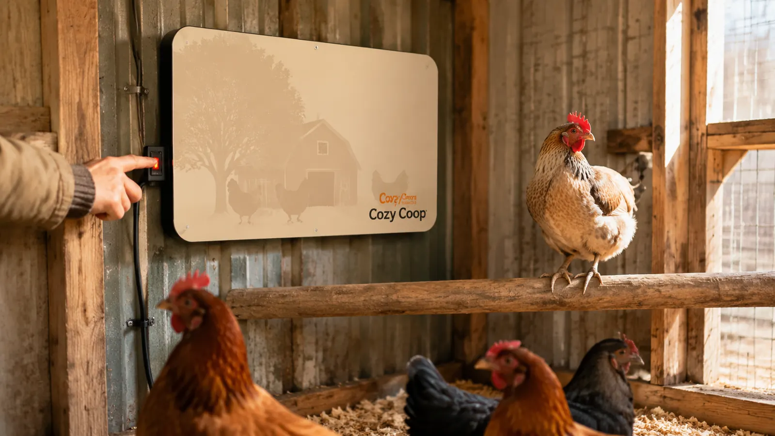 Hand pressing the power switch on a flat-panel Cozy Coop heater mounted on a grain-bin-style wooden wall