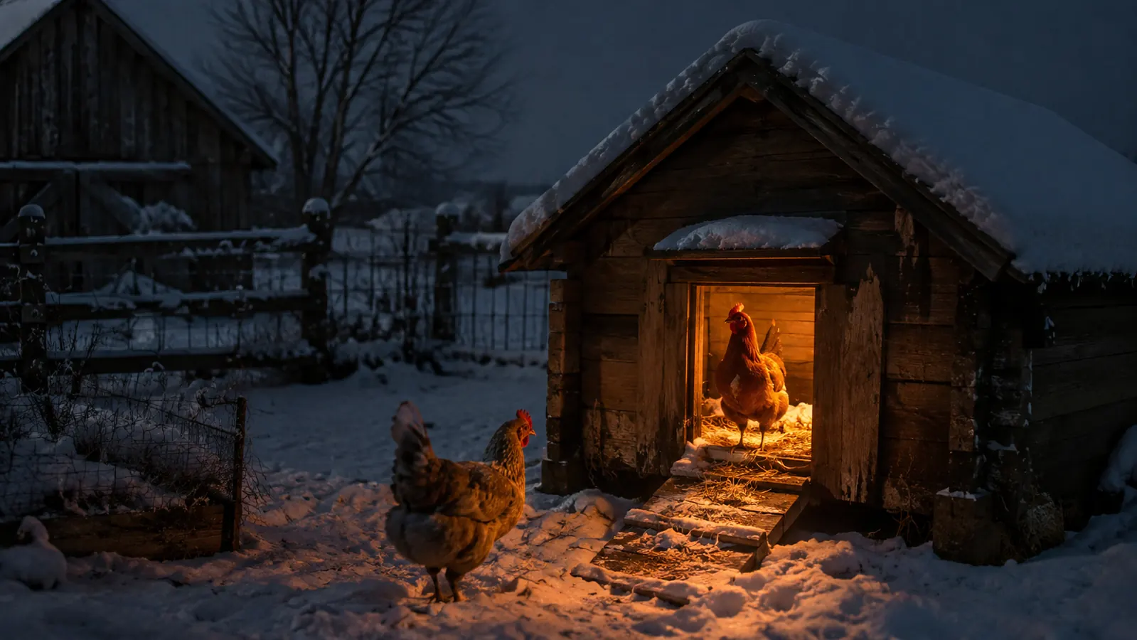 Snow-covered backyard chicken coop at night with a soft warm glow inside the pop door window