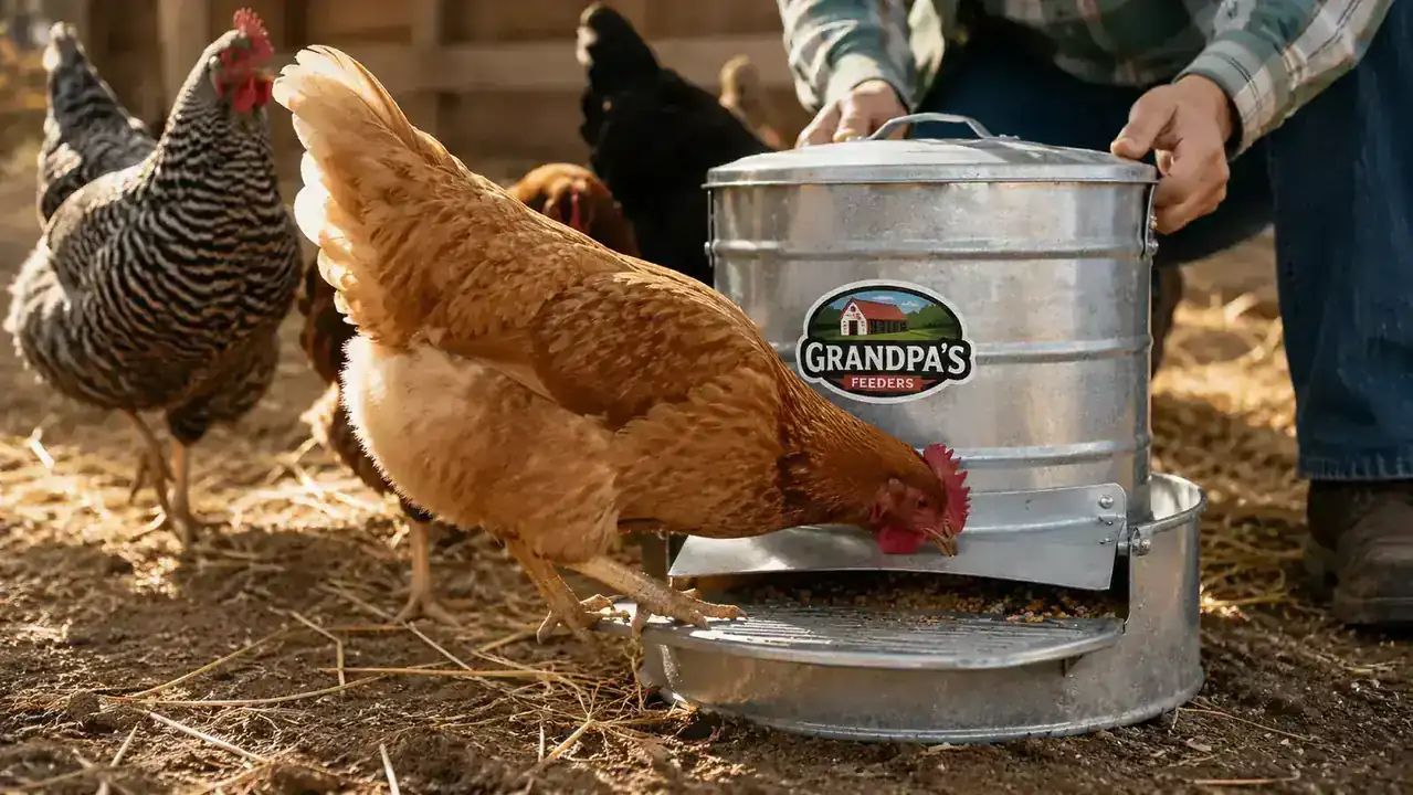 A hen stepping down onto the treadle plate of a galvanized steel feeder, pressing it open to reach the feed trough beneath