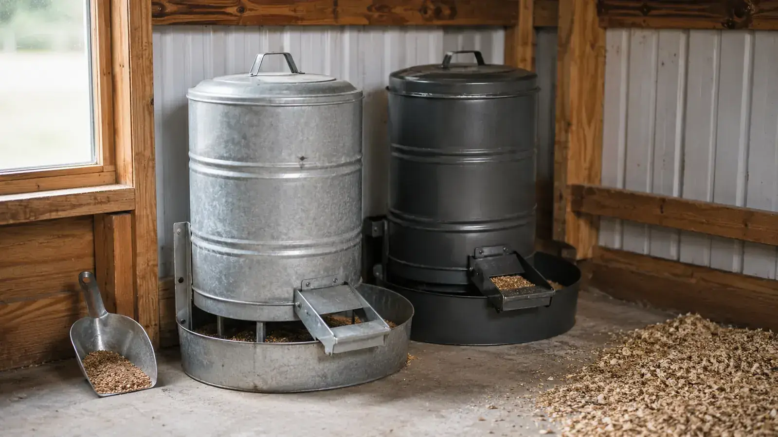 Two treadle feeders, one galvanized and one painted, sitting on a concrete floor in a tidy coop corner, a scoop of feed in the foreground