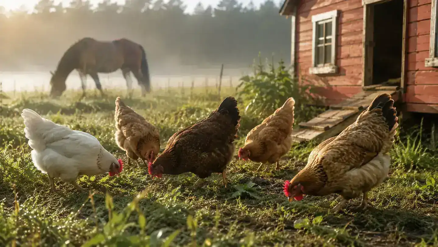 A small backyard flock of hens scratching in golden morning light beside a tidy barn-red wooden chicken coop