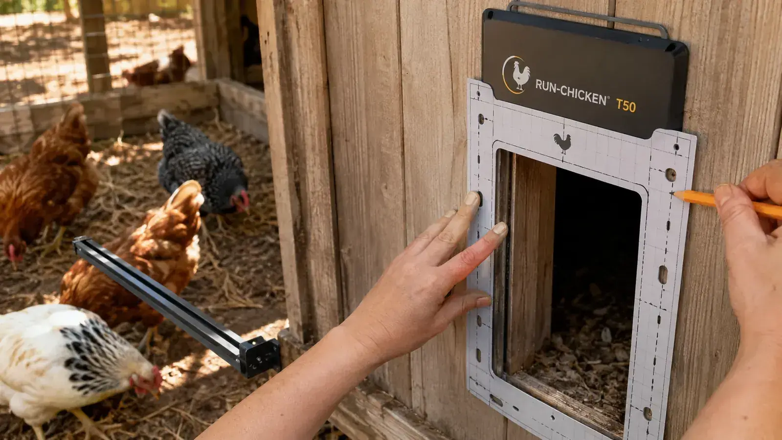 A hand holding the mounting template against the coop wall beside the pop hole, marking screw holes with a pencil