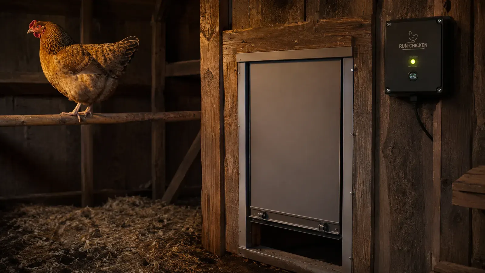 The finished automatic door closed on the coop at dusk with the control box mounted on the wall and a hen settled inside
