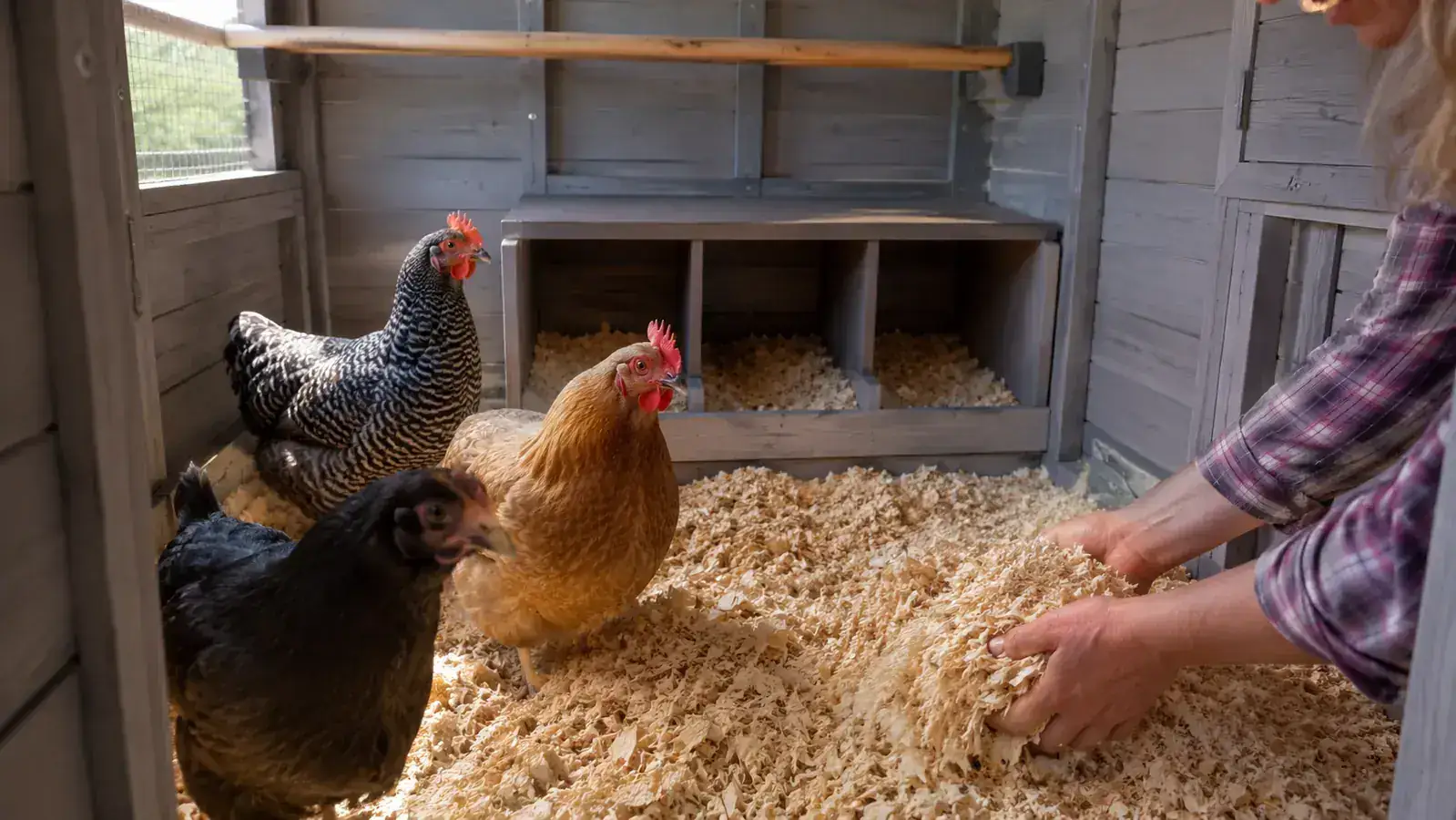Hands spreading fresh pine shavings across the floor of a grey wooden chicken coop interior, roost bar visible above