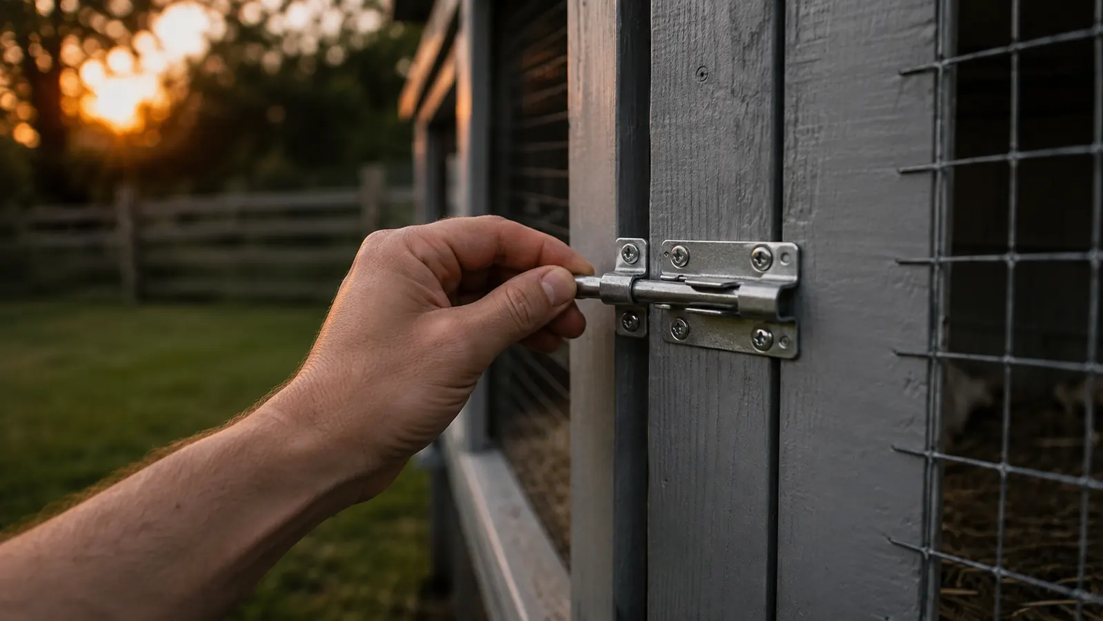 A hand checking the metal slide latch on a grey wooden chicken coop door at dusk, low warm light