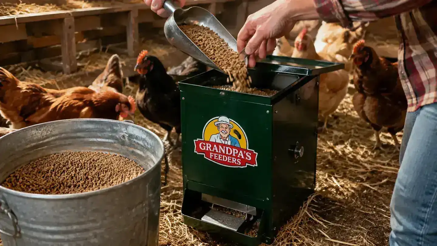 A hand filling a Grandpa's Feeders treadle feeder with a scoop of layer pellets from a galvanized bucket inside the coop