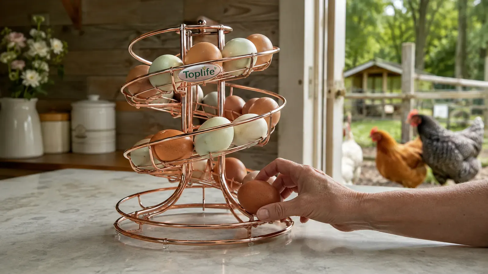 A hand reaching for the front egg on a spiral egg skelter on the counter