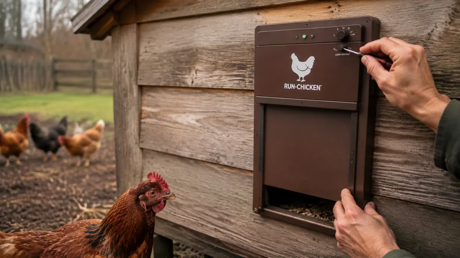 A hand with a screwdriver adjusting the light sensor on a brown automatic coop door while a hen watches from below.