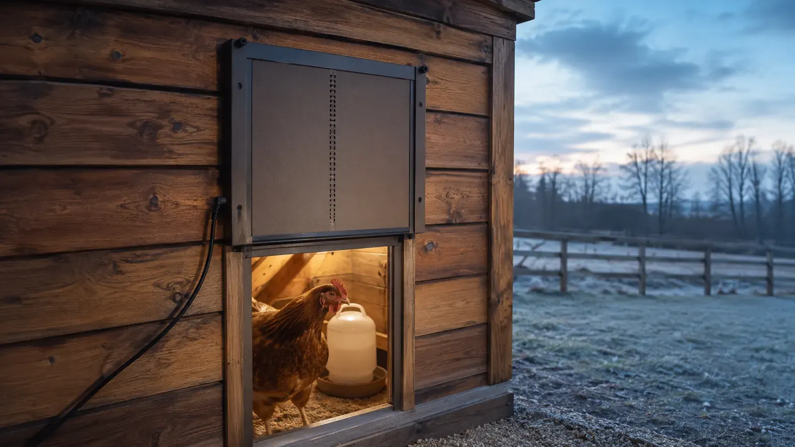 An open automatic coop door with a light layer of frost clinging to the frame and a clear sky above at dusk.
