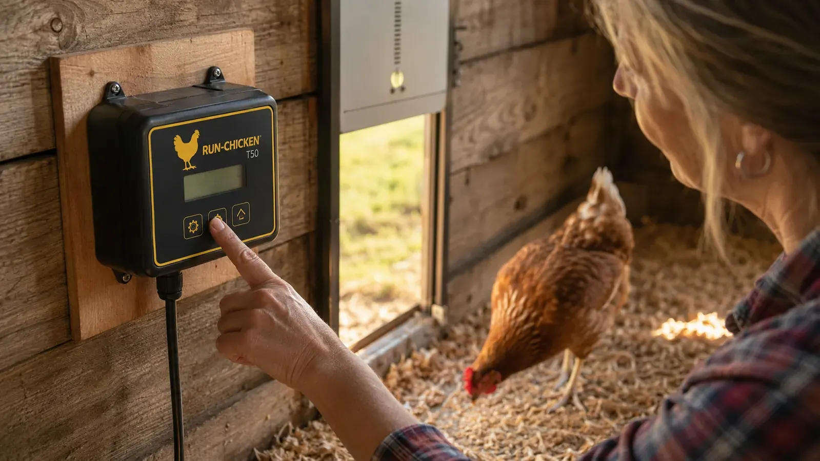 A hand pressing the mode button on the RUN-CHICKEN door control unit mounted to a coop wall while a hen pecks nearby