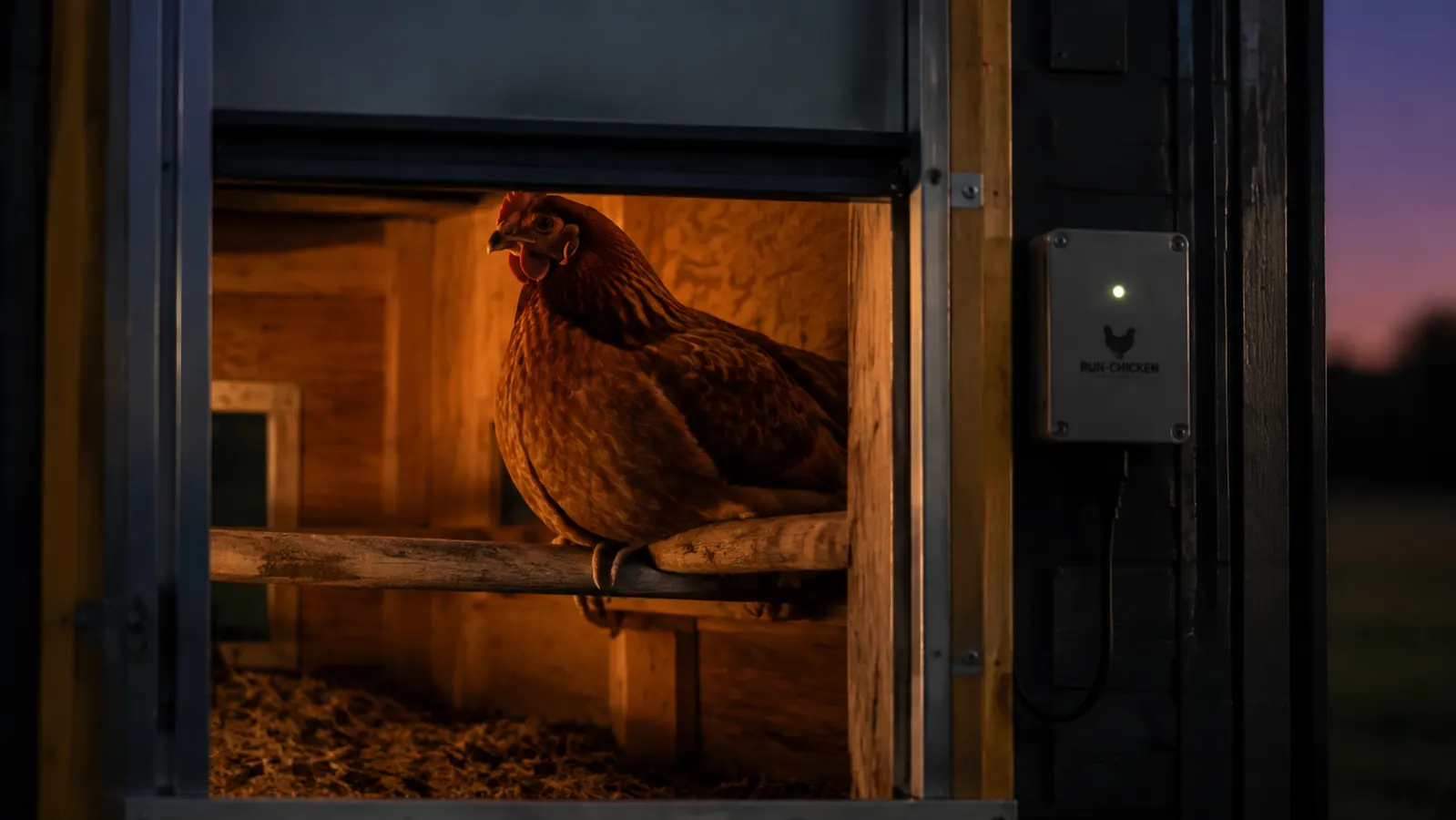 The automatic door closing at dusk with a hen already roosted safely inside and the control unit glowing faintly