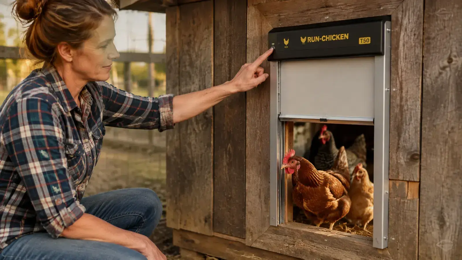 A hand pressing the manual test button on a RUN-CHICKEN T50 door mounted on a wooden coop, the aluminum door lifted halfway open