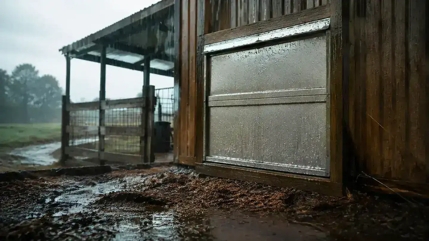 A rain-soaked wooden coop with the automatic door shut tight against a gray stormy morning
