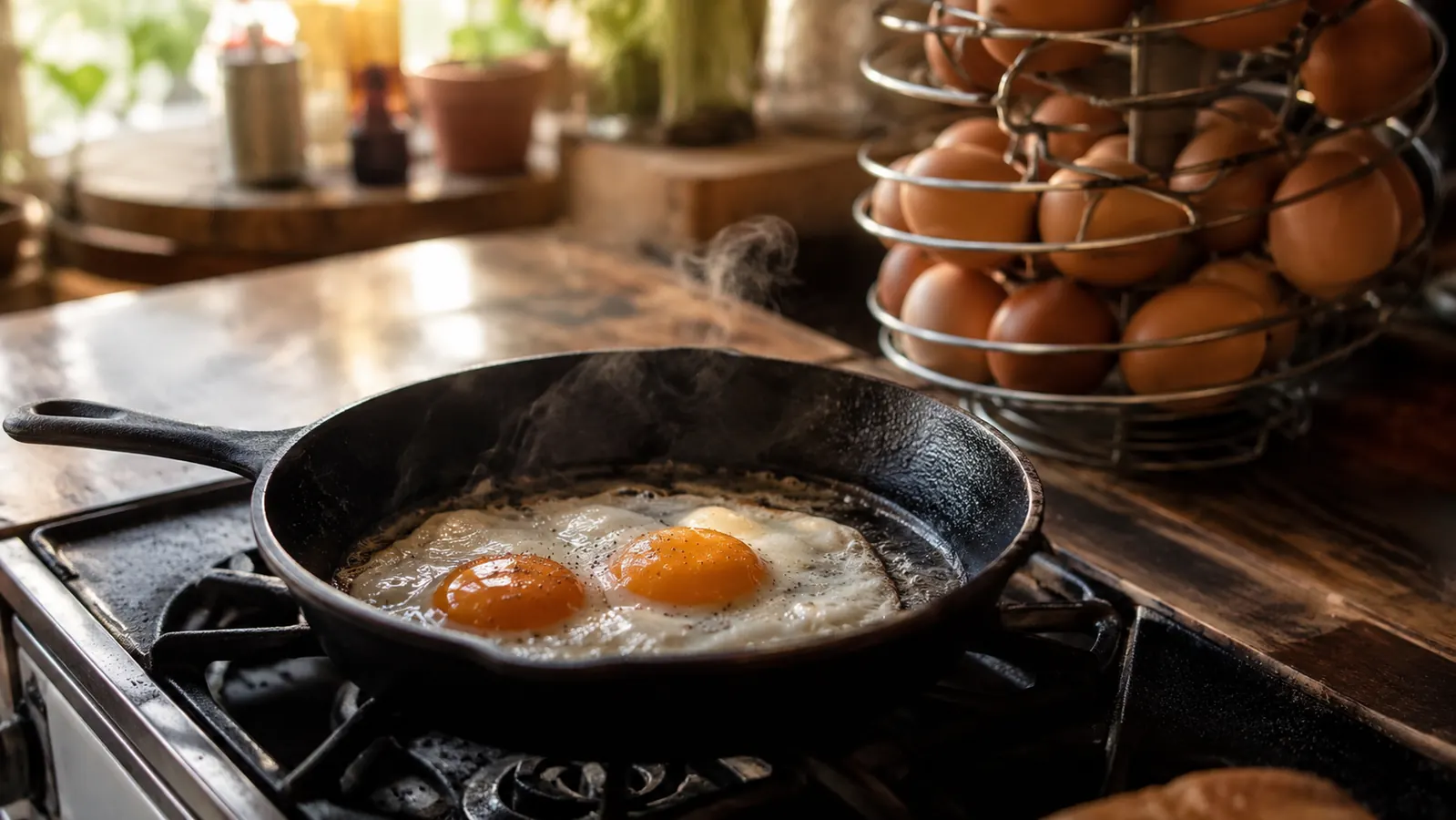 Two fried farm eggs in a cast iron skillet on the stove with a full spiral egg skelter on the counter in the background