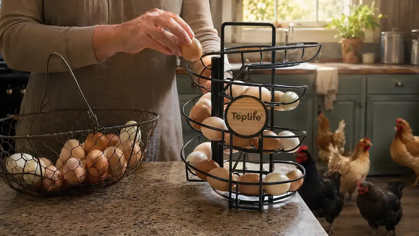 A hand nesting fresh eggs one at a time into the back of the spiral egg skelter track on a kitchen counter